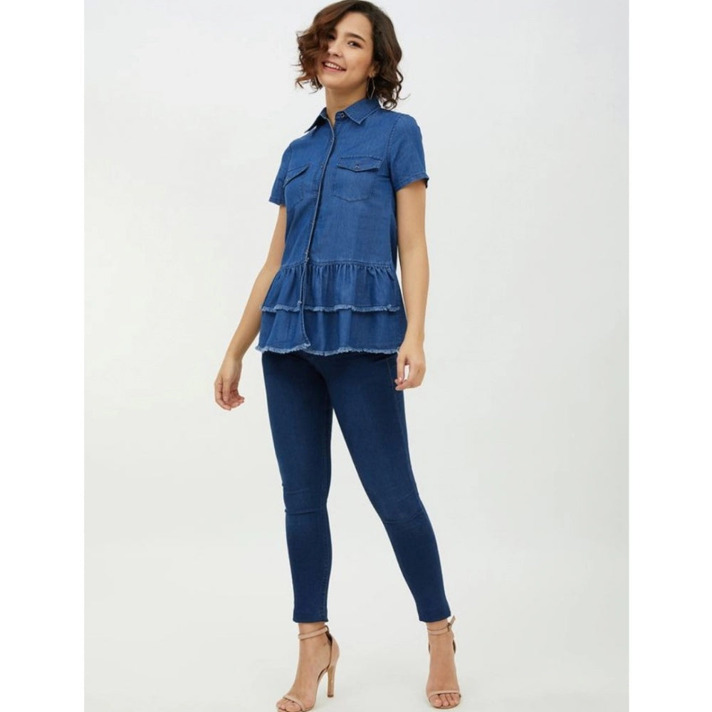 Indoraa Women's Denim Peplum Short Sleeve Top (Blue)