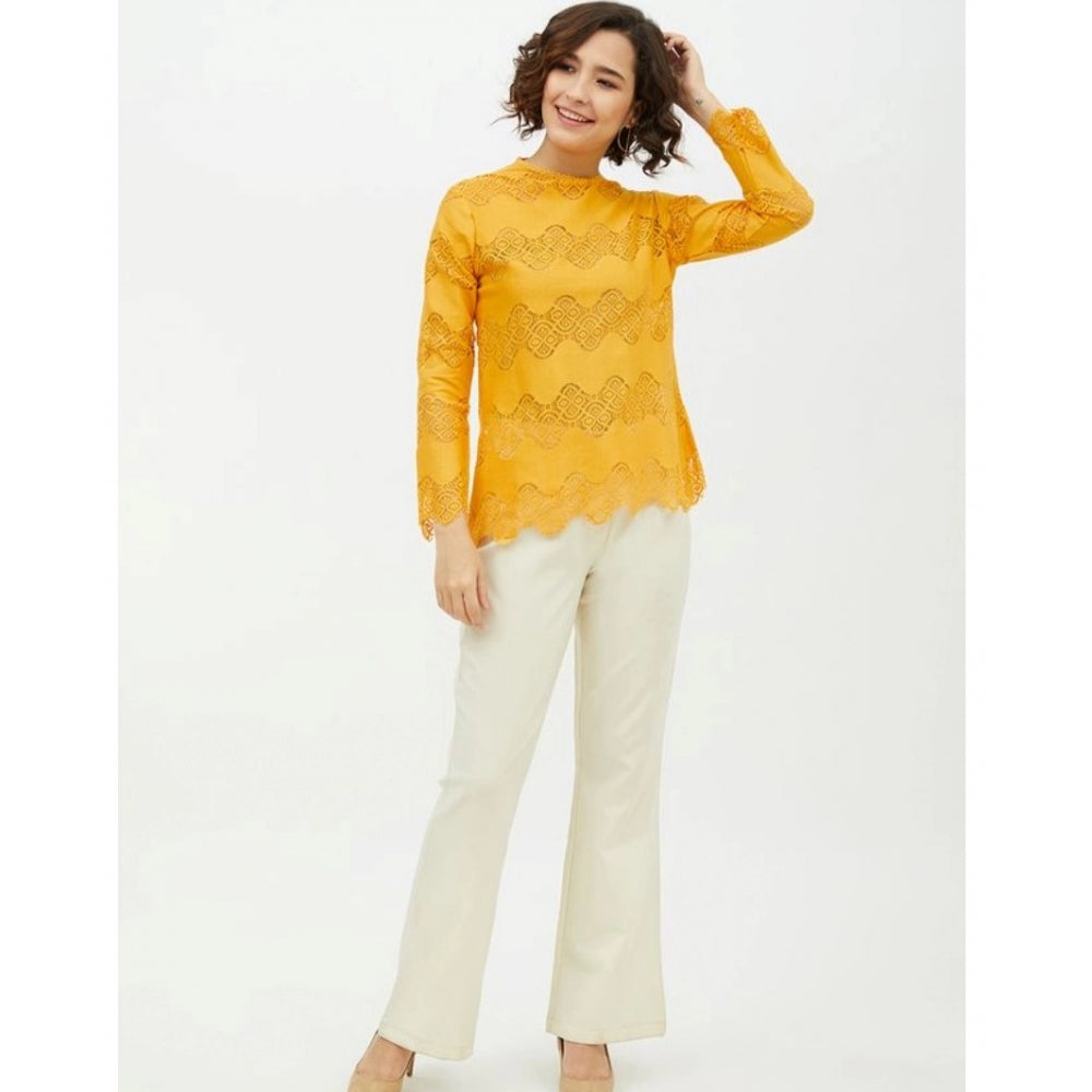 Indoraa Women's Cotton Lace Inserts Long Sleeves Top (Yellow)