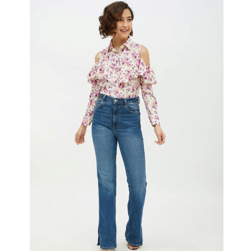 Indoraa Women's Polyester Floral Cold Shoulder Standard Length Shirt (White)