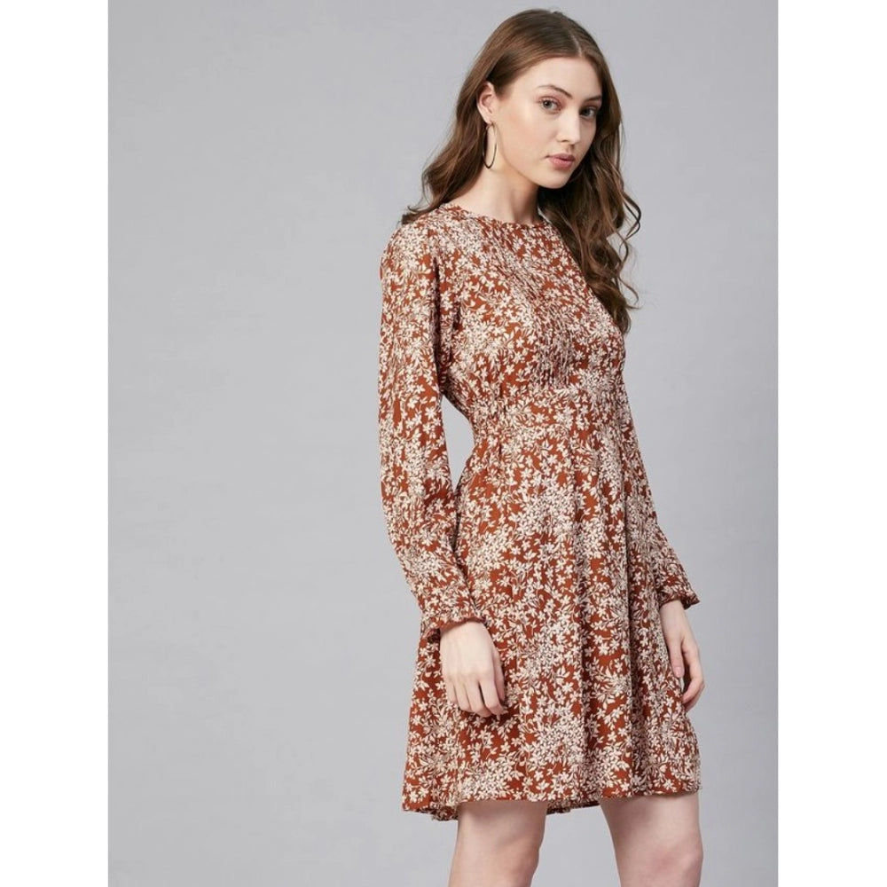 Indoraa Women's Polyester Floral Long Sleeves Above Knee Dress (Rust)