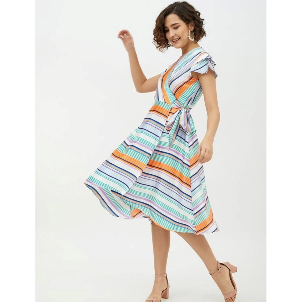 Indoraa Women's Satin Striped Short Sleeve Knee-Length Dress (Multicolor)