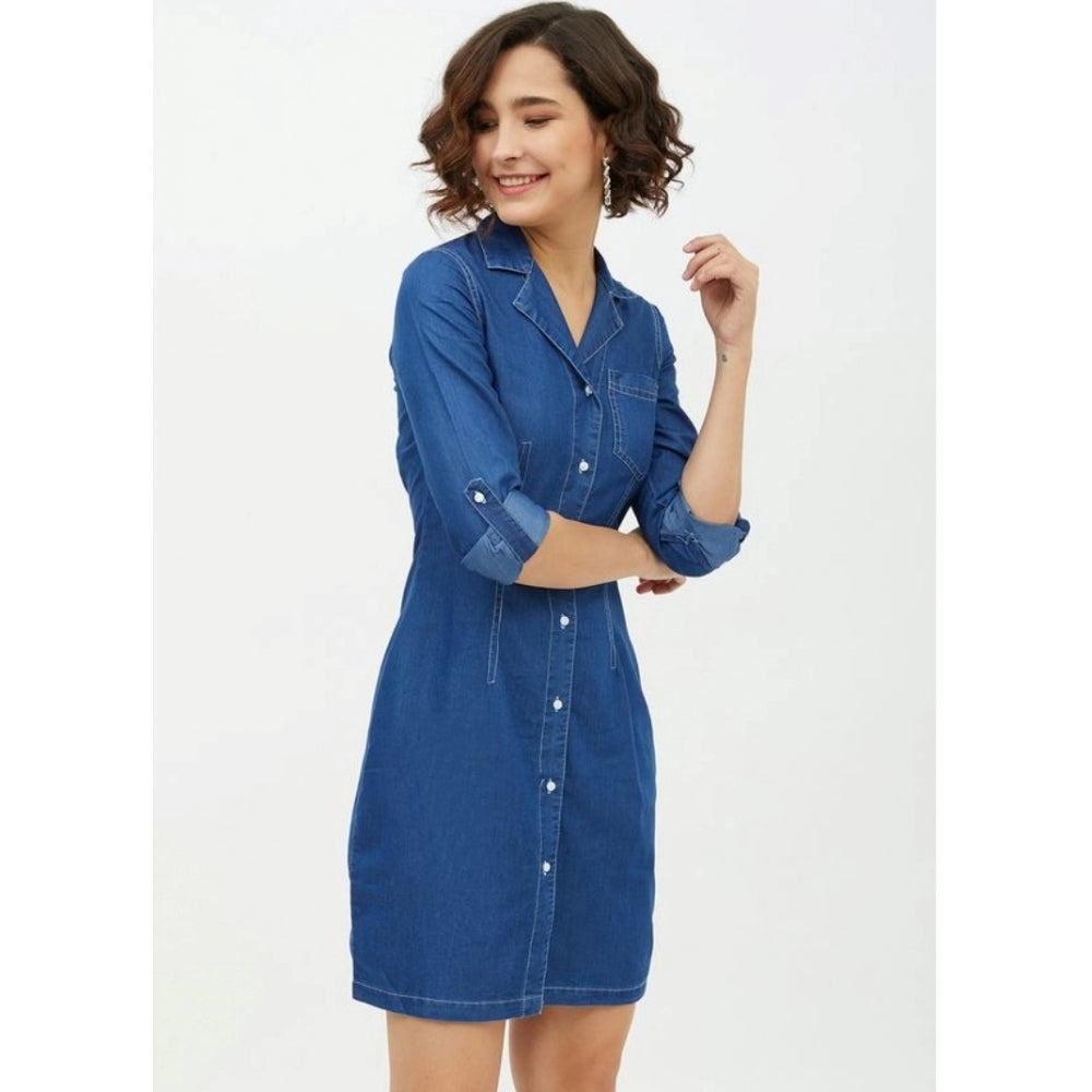Indoraa Women's Denim Solid Long Sleeves Above Knee Dress (Blue)