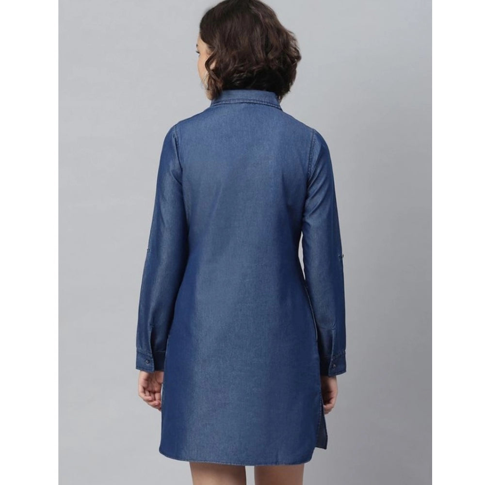 Indoraa Women's Denim Solid Long Sleeves Above Knee Dress (Navy Blue)