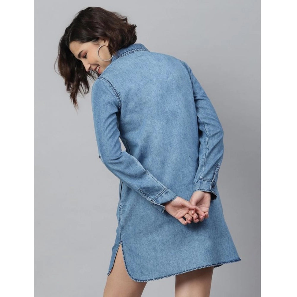 Indoraa Women's Denim Solid Long Sleeves Above Knee Dress (Ice Blue)