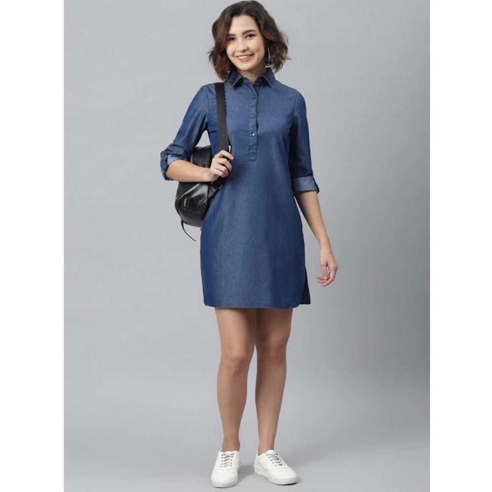 Indoraa Women's Denim Solid Long Sleeves Above Knee Dress (Navy Blue)