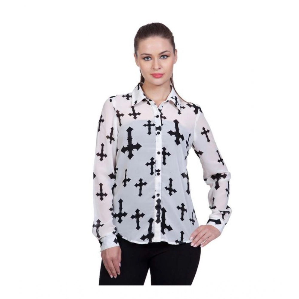 Indoraa Women's Polyester Printed Long Sleeves Standard Length Shirt (White)