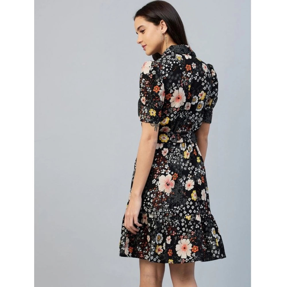 Indoraa Women's Polyester Floral Short Sleeve Above Knee Dress (Black)