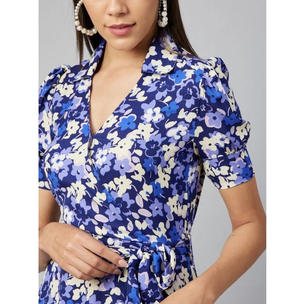 Indoraa Women's Polyester Floral Short Sleeve Above Knee Dress (Blue - Purple)