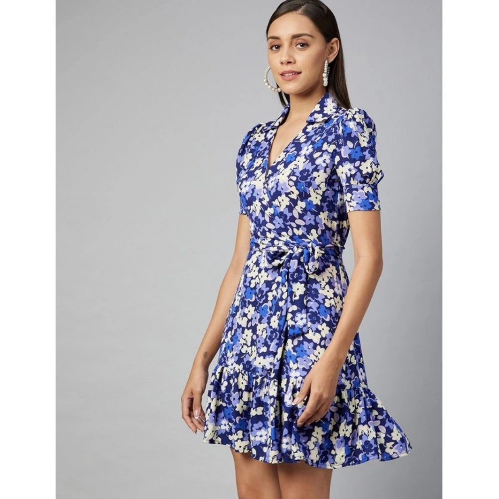 Indoraa Women's Polyester Floral Short Sleeve Above Knee Dress (Blue - Purple)