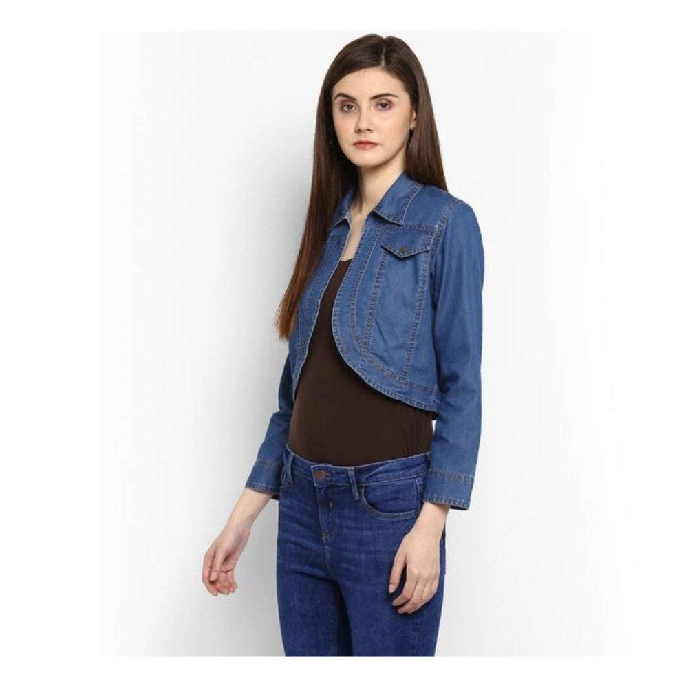 Indoraa Women's Denim Solid 3-4th Sleeves Shrug (Blue)