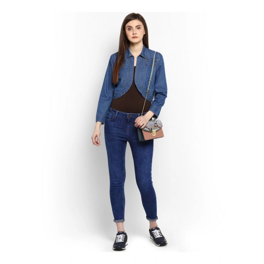 Indoraa Women's Denim Solid 3-4th Sleeves Shrug (Blue)