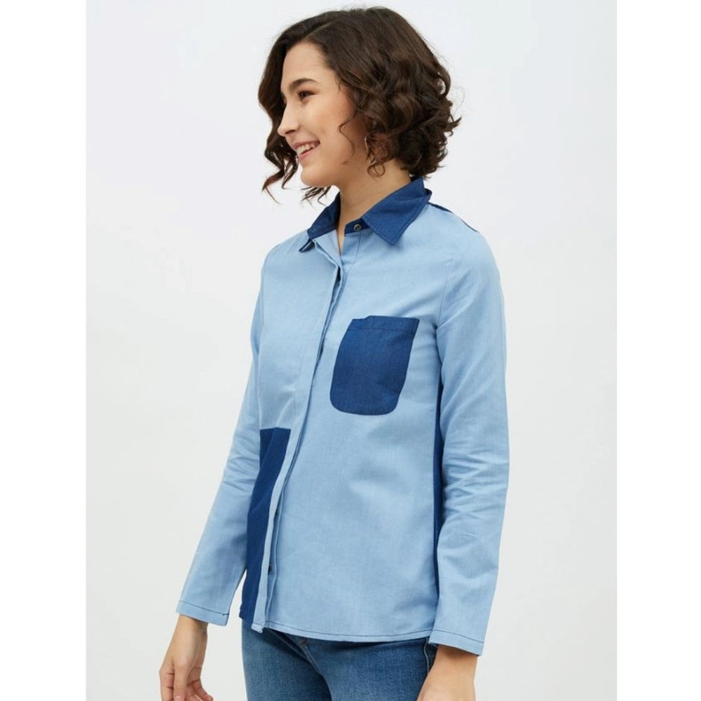 Indoraa Women's Denim Patch Work Long Sleeves Standard Length Shirt (Blue)