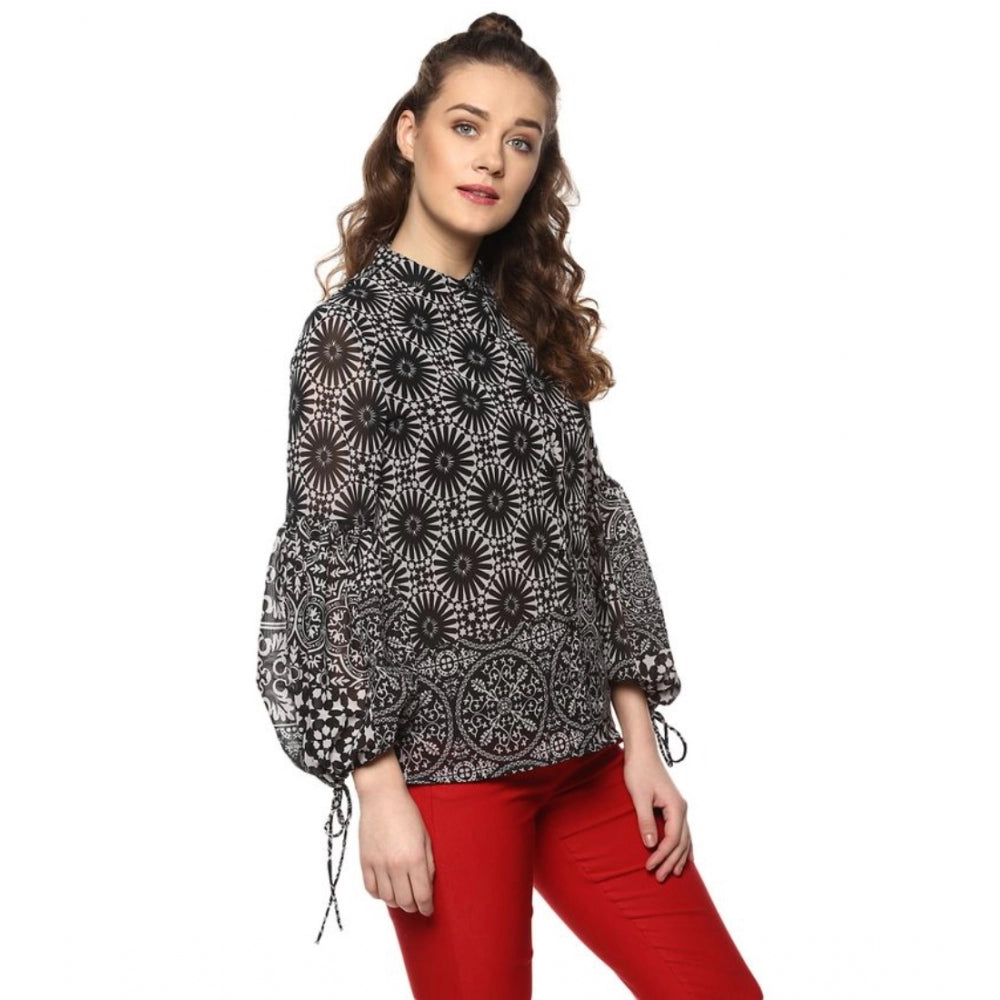 Indoraa Women's Polyester Printed Balloon Sleeve Top (Black - White)