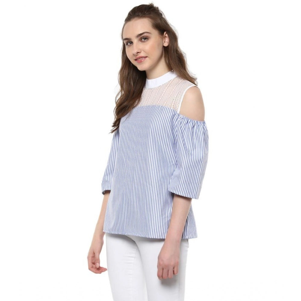 Indoraa Women's Cotton Striped Cold Shoulder Top (Blue)
