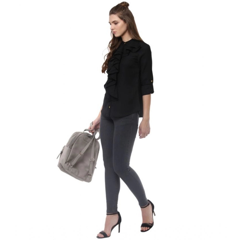 Indoraa Women's Polyester Ruffled Long Sleeves Top (Black)