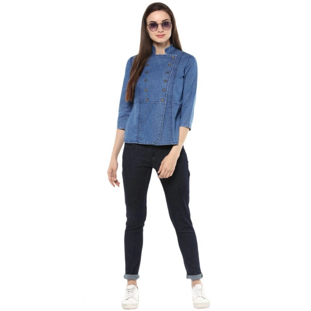 Indoraa Women's Denim Solid 3-4th Sleeves Regular Top (Blue)