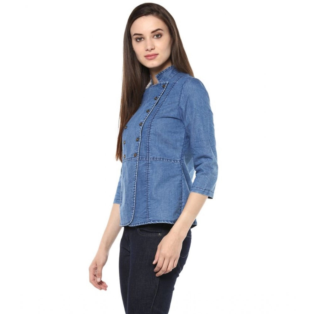 Indoraa Women's Denim Solid 3-4th Sleeves Regular Top (Blue)