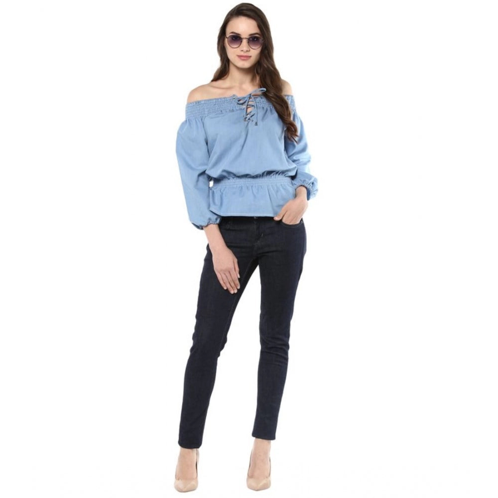 Indoraa Women's Denim Solid 3-4th Sleeves Regular Top (Blue)