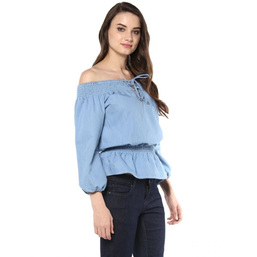 Indoraa Women's Denim Solid 3-4th Sleeves Regular Top (Blue)