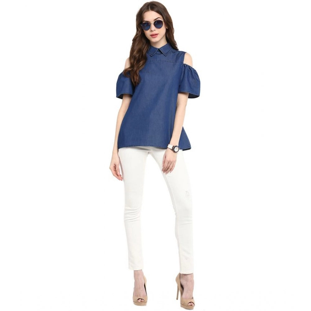 Indoraa Women's Denim Solid Cold Shoulder Regular Top (Blue)
