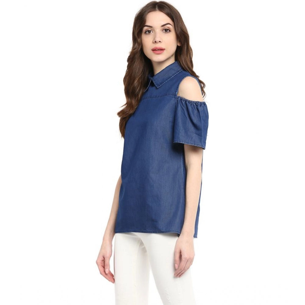 Indoraa Women's Denim Solid Cold Shoulder Regular Top (Blue)