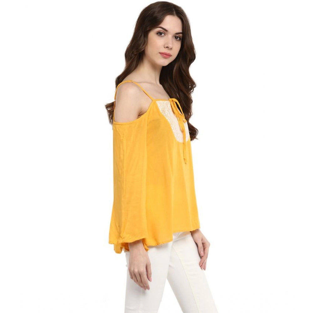 Indoraa Women's Rayon Embellished Cold Shoulder Regular Top (Mustard Yellow)