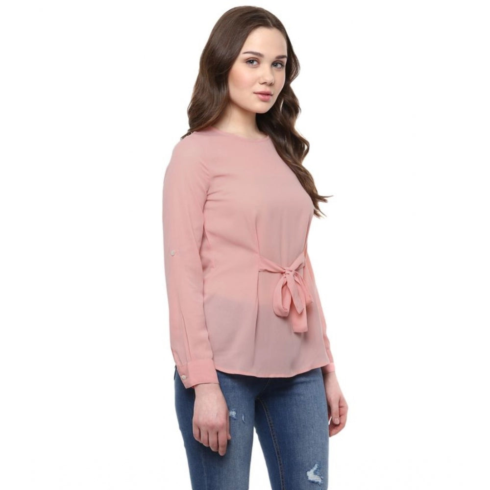 Indoraa Women's Polyester Solid Long Sleeves Regular Top (Pink)