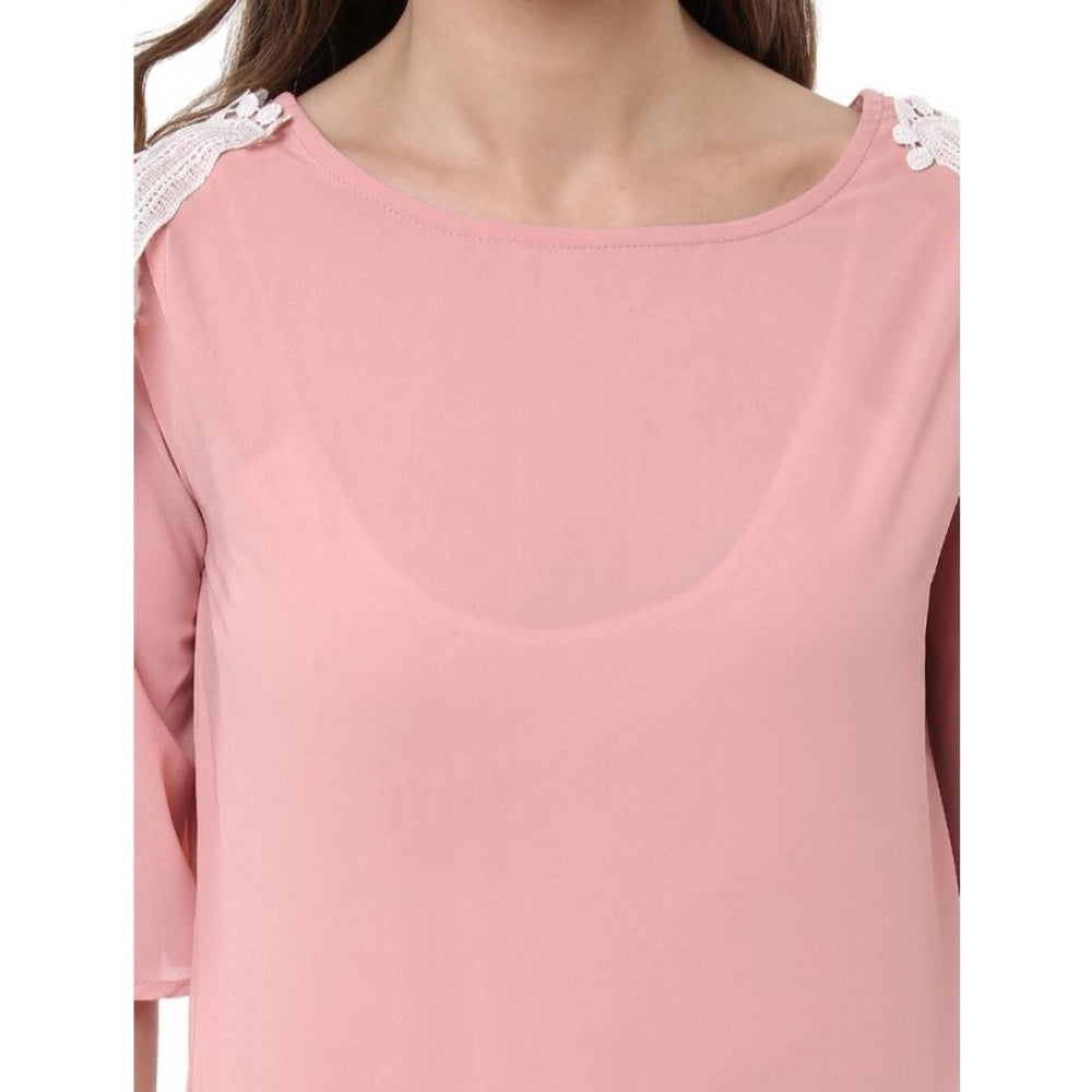 Indoraa Women's Polyester Lace Inserts Half Sleeve Top (Pink)