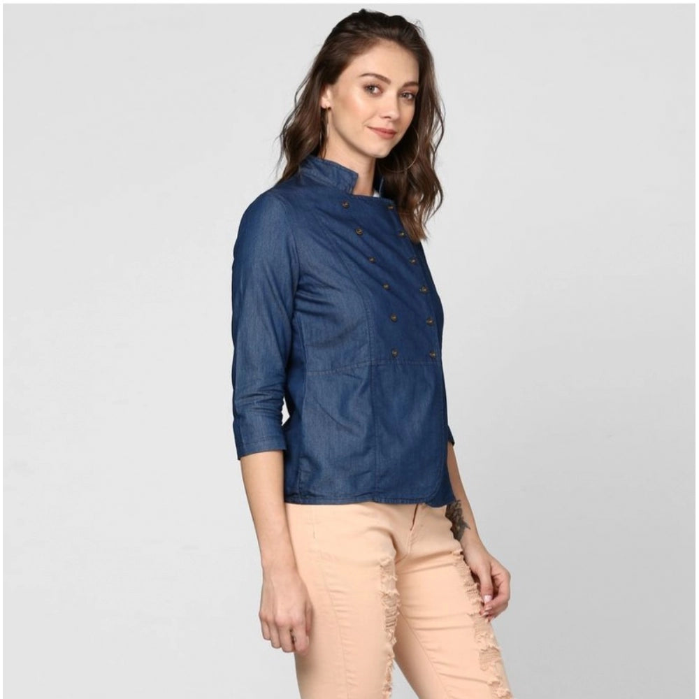 Indoraa Women's Denim Solid 3-4th Sleeves Top (Blue)