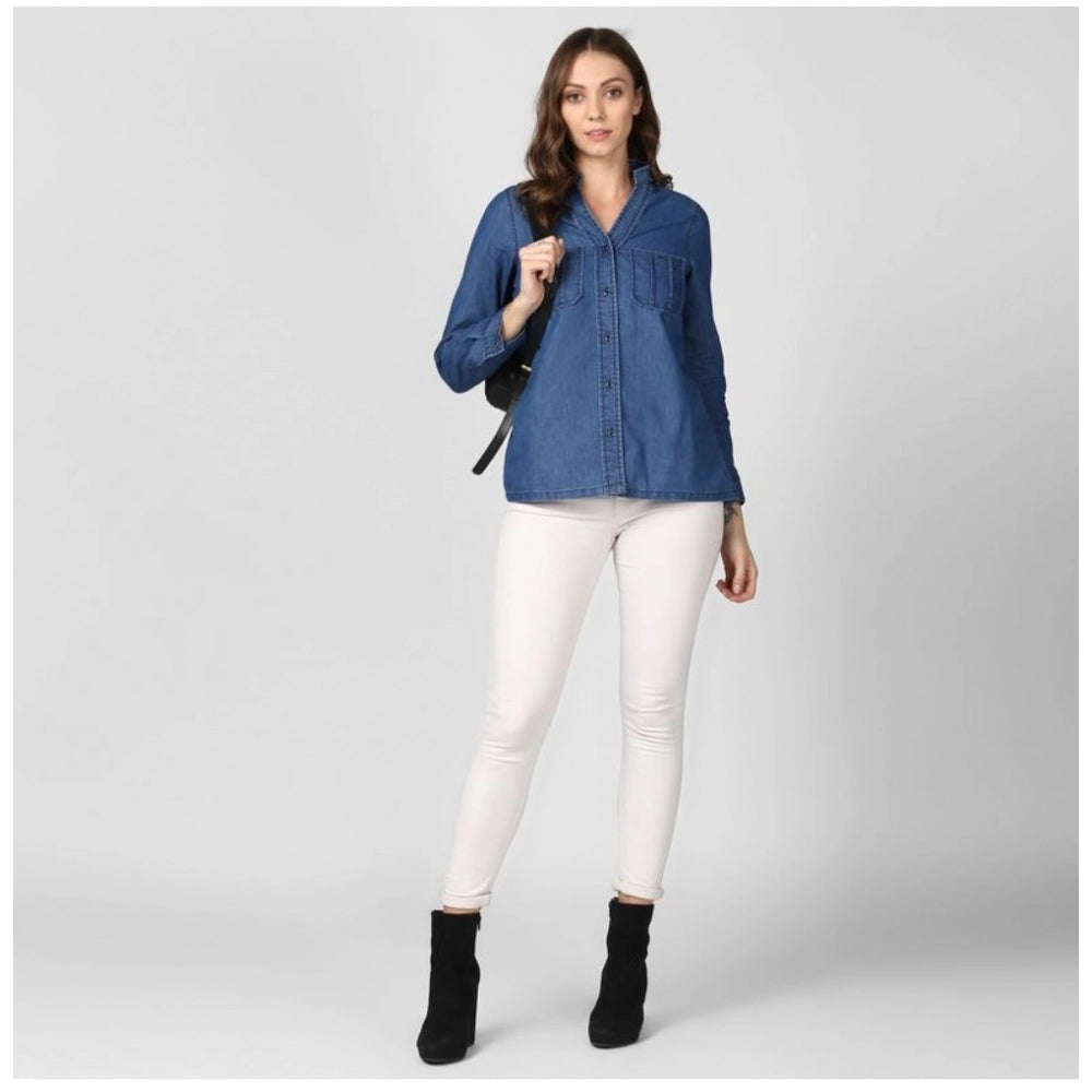 Indoraa Women's Denim Solid Long Sleeves Top (Blue)