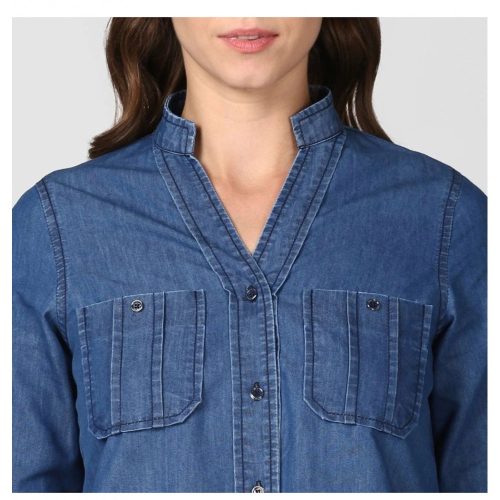 Indoraa Women's Denim Solid Long Sleeves Top (Blue)