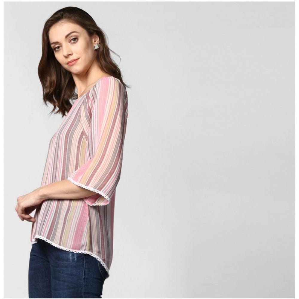 Indoraa Women's Polyester Striped 3-4th Sleeves Top (Pink)
