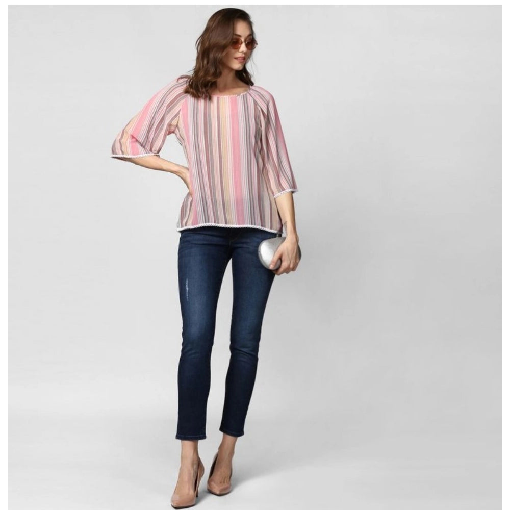 Indoraa Women's Polyester Striped 3-4th Sleeves Top (Pink)