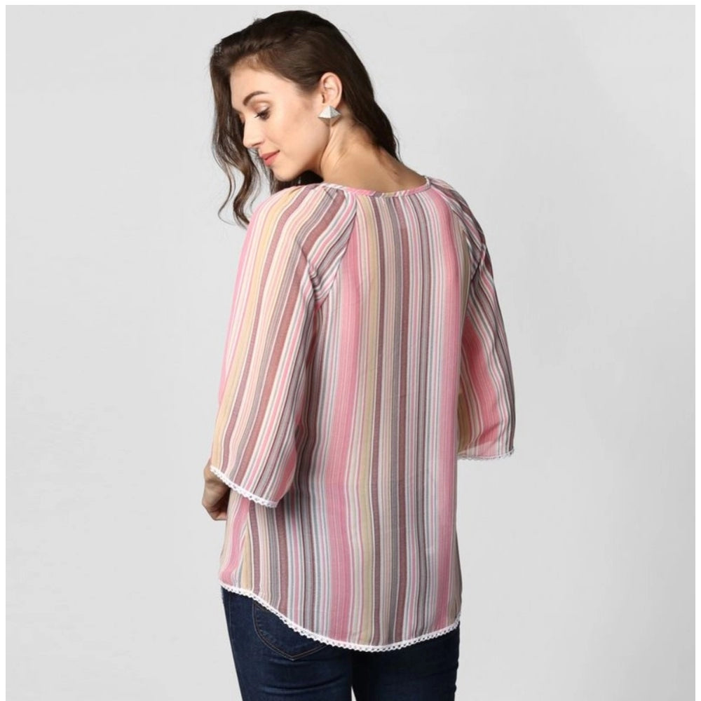 Indoraa Women's Polyester Striped 3-4th Sleeves Top (Pink)