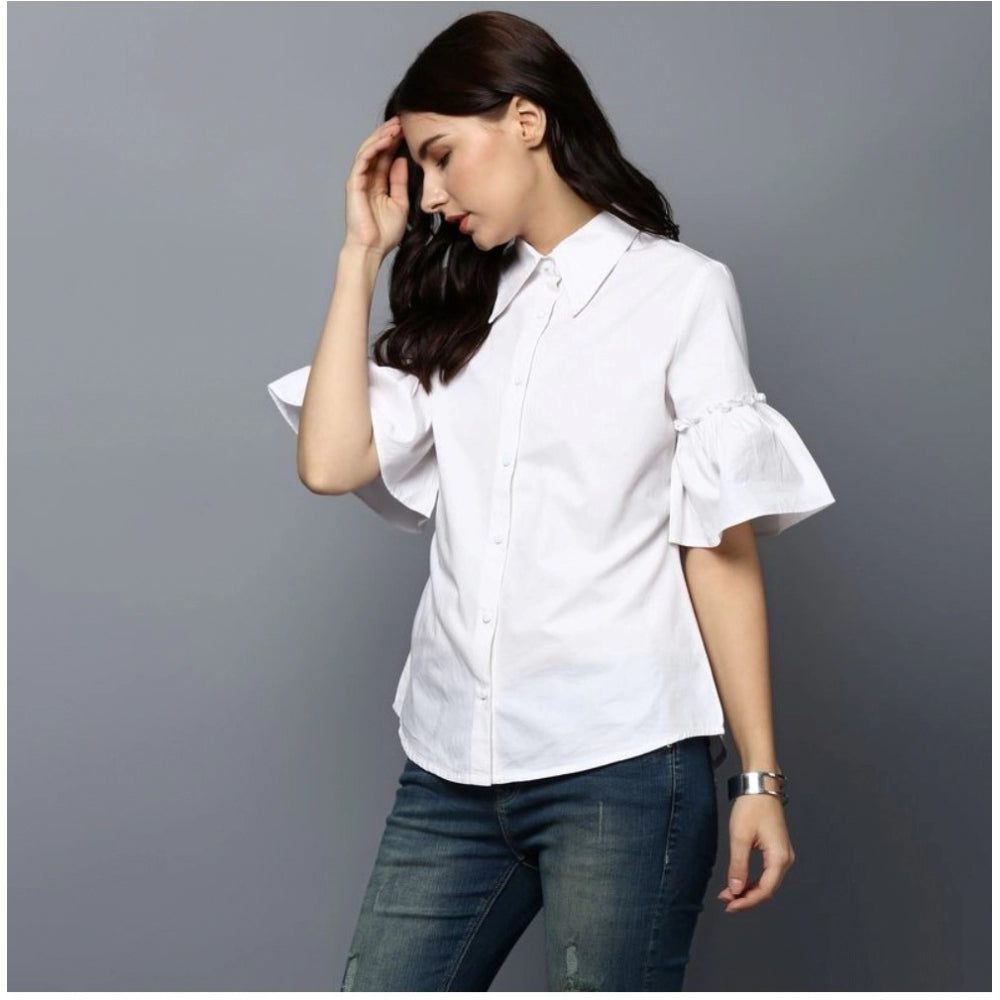 Indoraa Women's Cotton Solid Bell Sleeve Top (White)