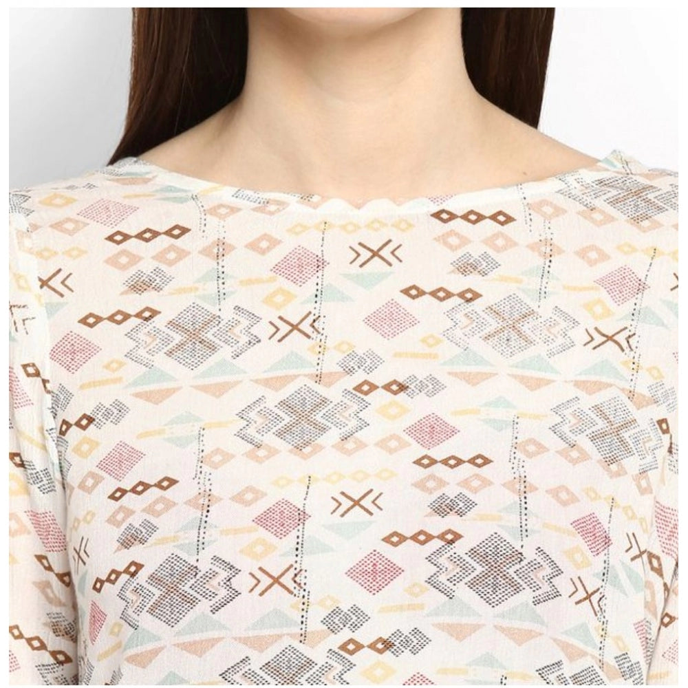 Indoraa Women's Rayon Crepe Printed Ruffle Sleeve Top (Off White - Red)