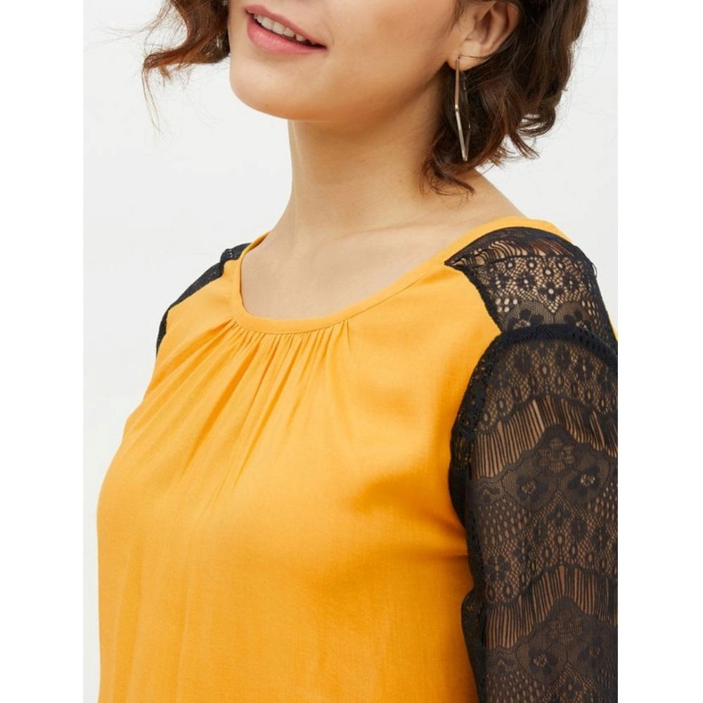 Indoraa Women's Rayon Lace Inserts Long Sleeves Top (Yellow)