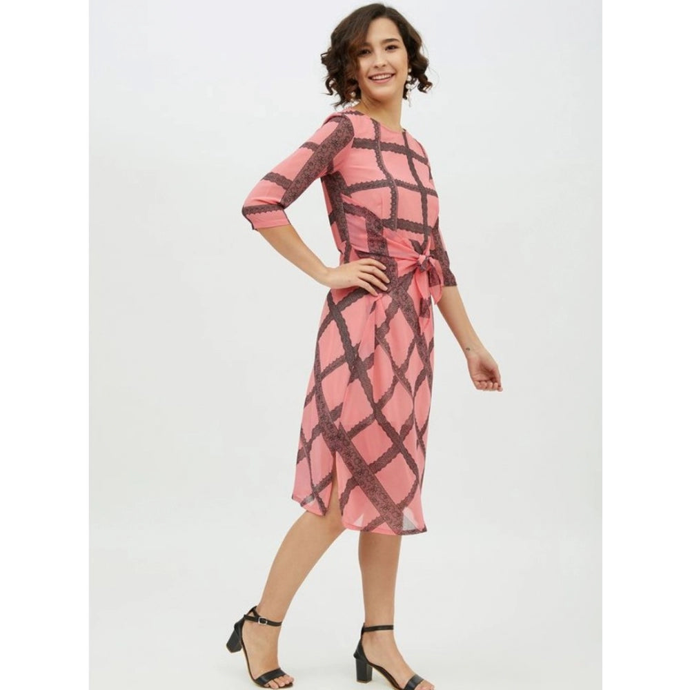 Indoraa Women's Polyester Checkered 3-4th Sleeves Below Knee Dress (Pink)