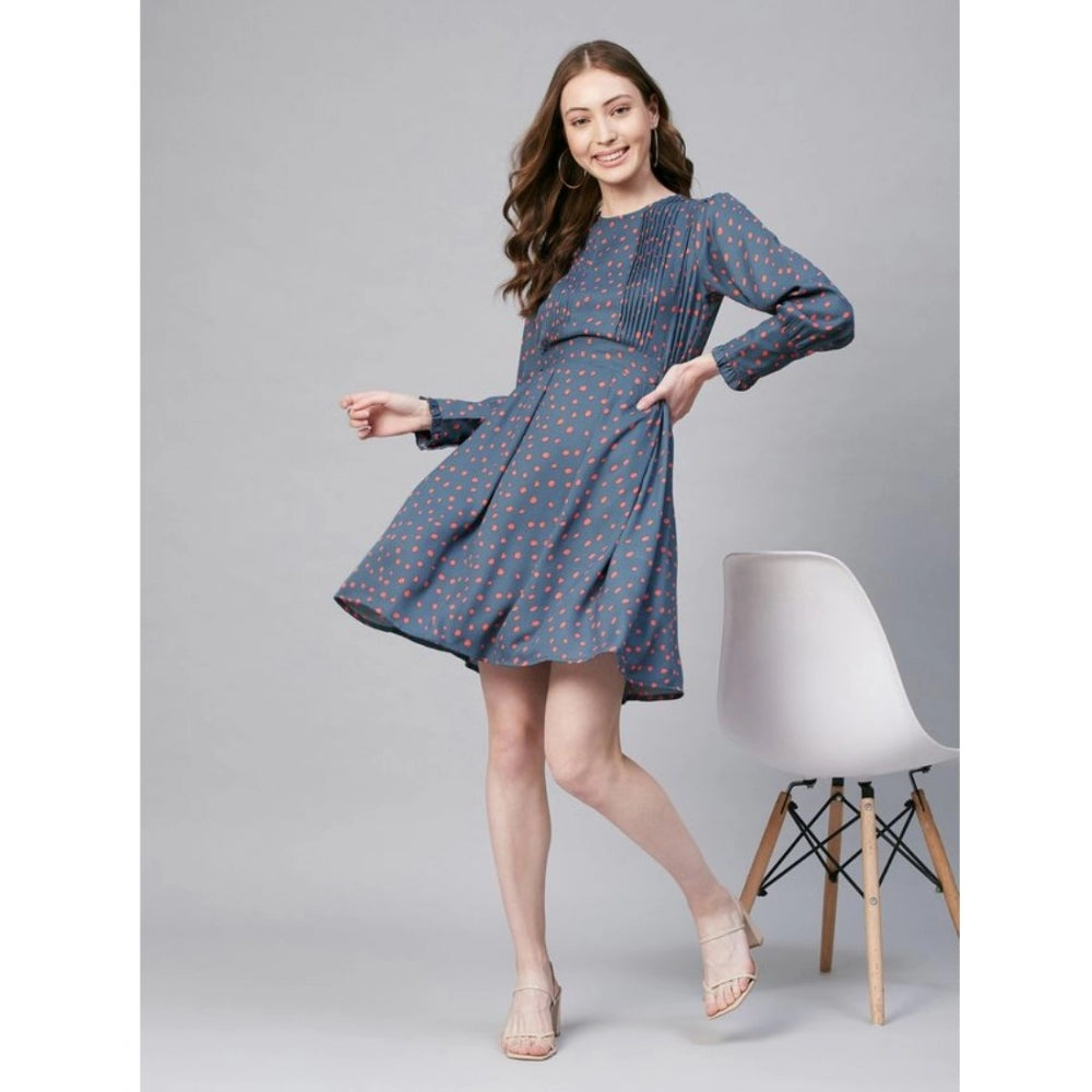 Indoraa Women's Polyester Polka Long Sleeves Above Knee Dress (Grey - Coral)