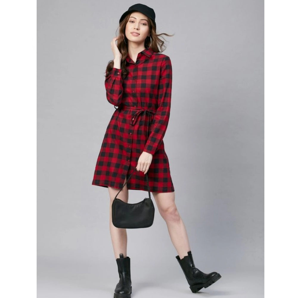 Indoraa Women's Cotton Checkered Long Sleeves Above Knee Dress (Red - Black)
