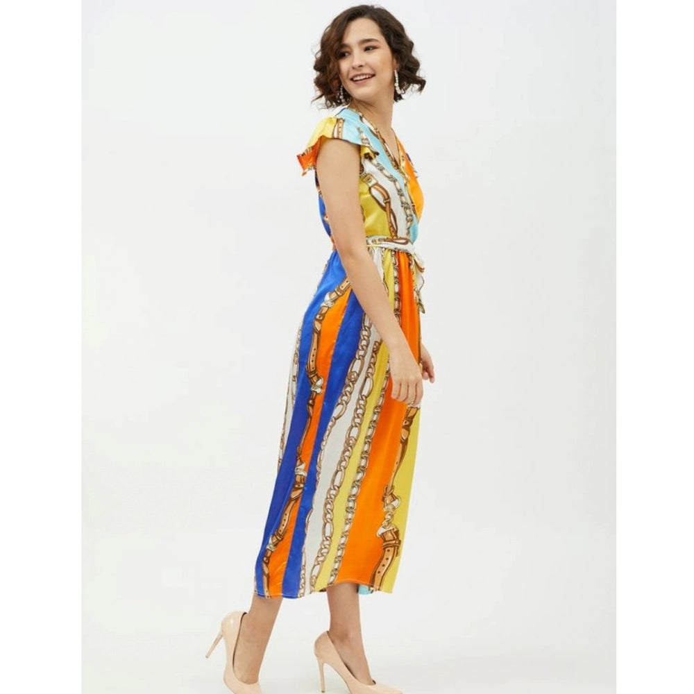 Indoraa Women's Satin Chain Print Cap Sleeve Calf-length Dress (Multicolor)