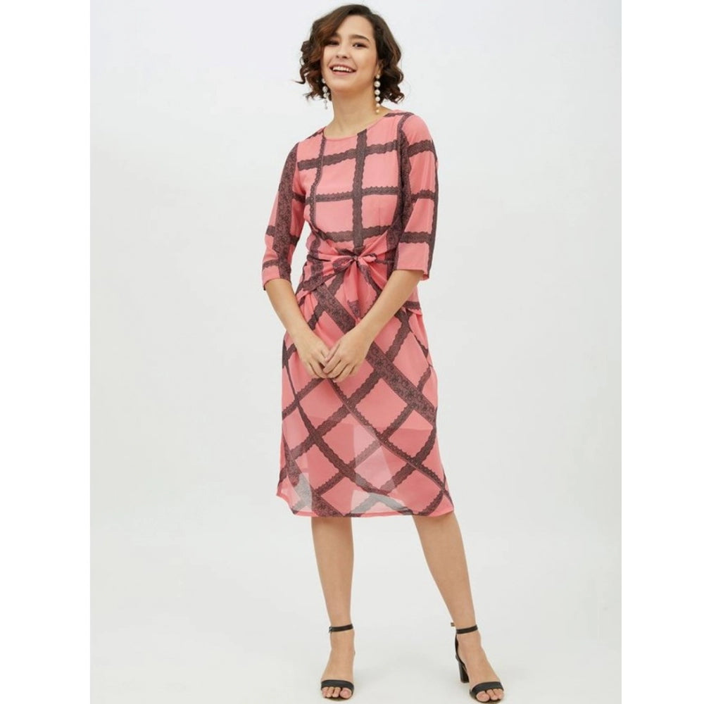 Indoraa Women's Polyester Checkered 3-4th Sleeves Below Knee Dress (Pink)