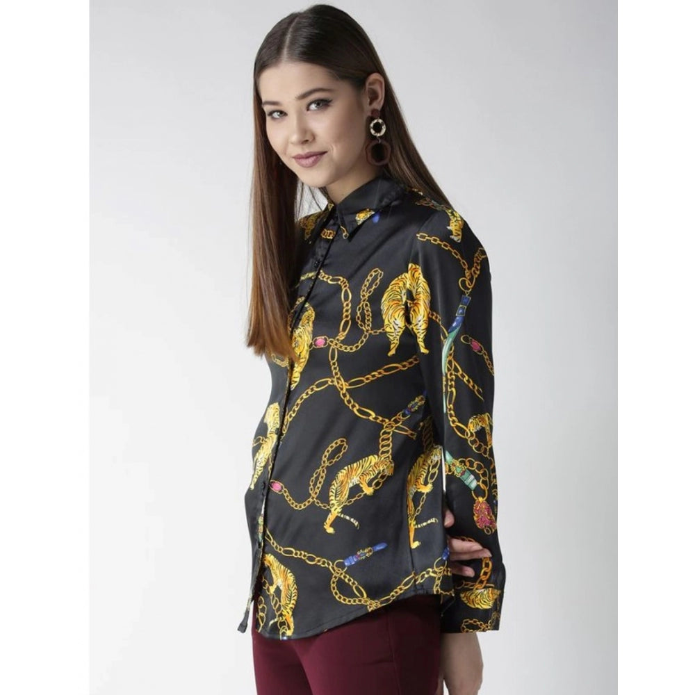 Indoraa Women's Satin Printed Long Sleeves Standard Length Shirt (Black - Gold)