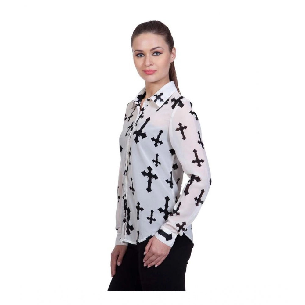 Indoraa Women's Polyester Printed Long Sleeves Standard Length Shirt (White)