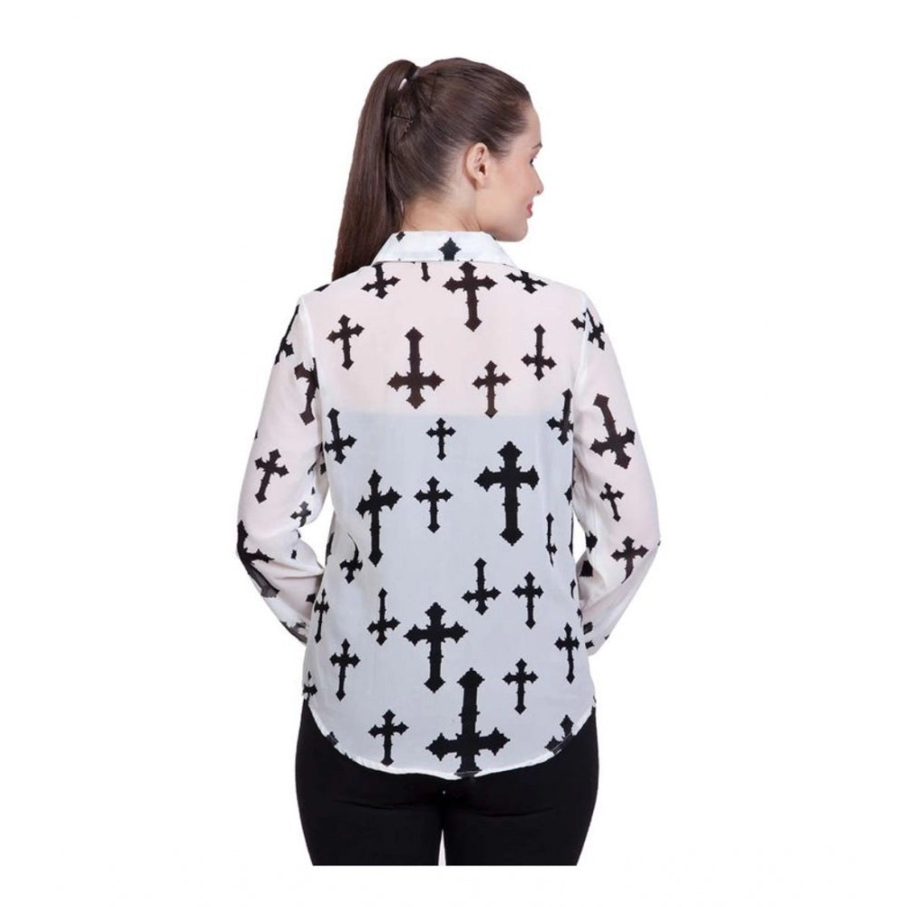 Indoraa Women's Polyester Printed Long Sleeves Standard Length Shirt (White)