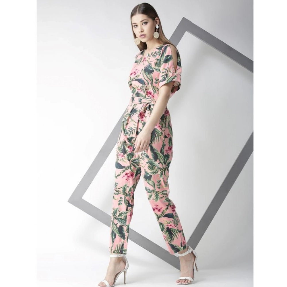 Indoraa Women's Polyester Floral Half Sleeve Jumpsuit (Pink)