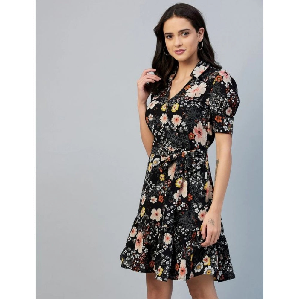 Indoraa Women's Polyester Floral Short Sleeve Above Knee Dress (Black)