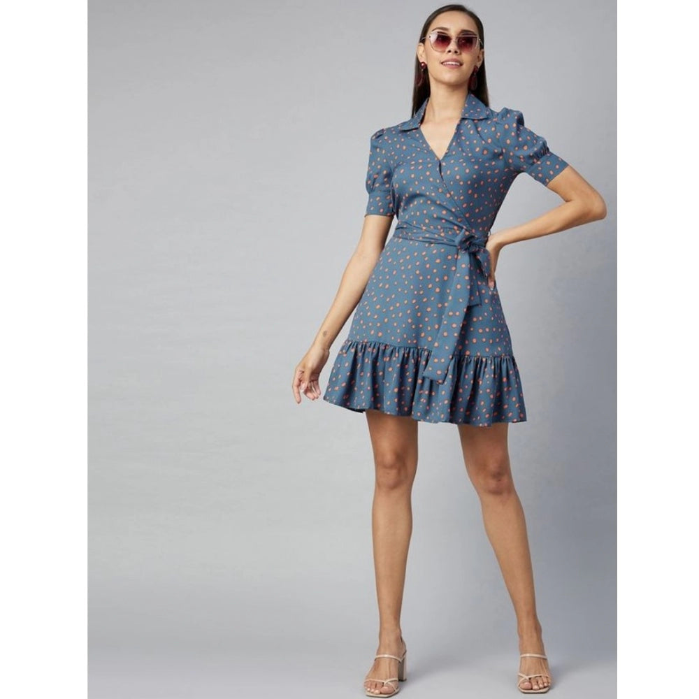 Indoraa Women's Polyester Polka Short Sleeve Above Knee Dress (Grey - Coral)