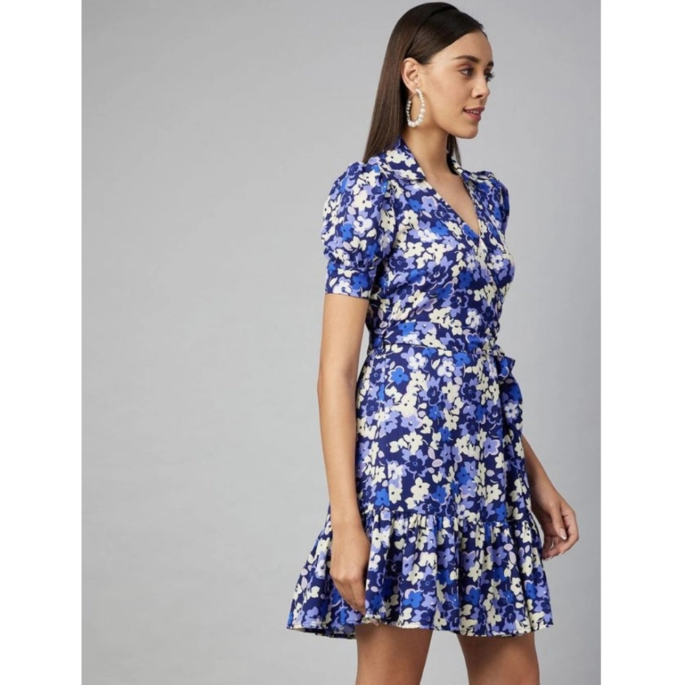 Indoraa Women's Polyester Floral Short Sleeve Above Knee Dress (Blue - Purple)