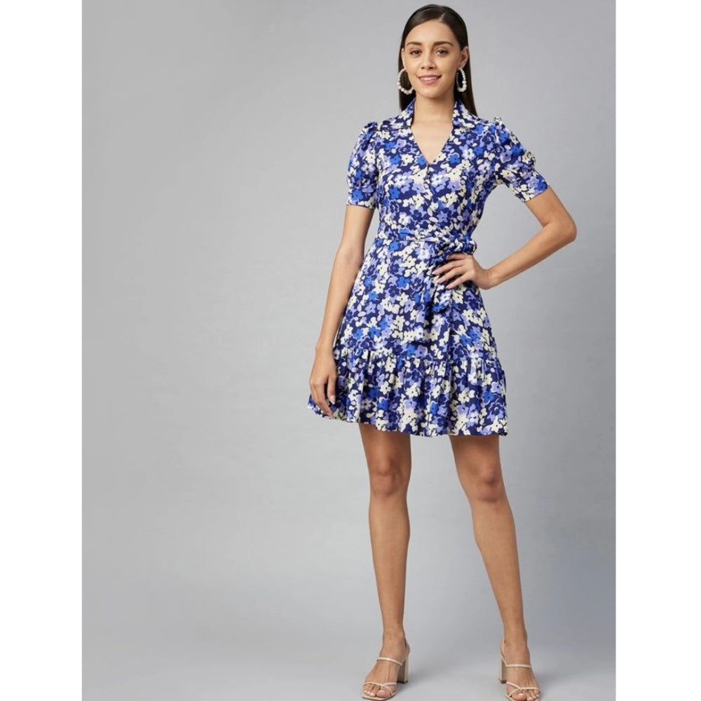 Indoraa Women's Polyester Floral Short Sleeve Above Knee Dress (Blue - Purple)